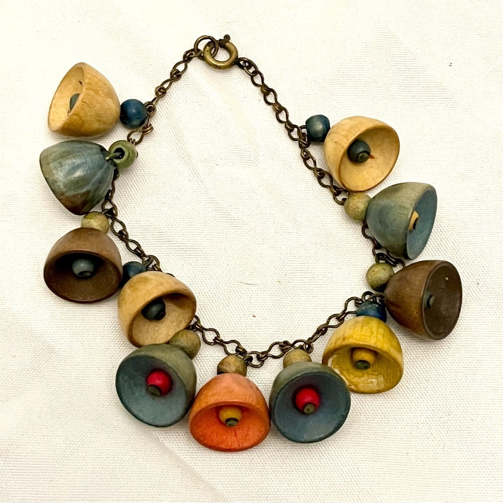 Vintage Boho Charm Bracelet - Hand-painted Wooden Bells, Funky Artisan EUC - Picture 4 of 4